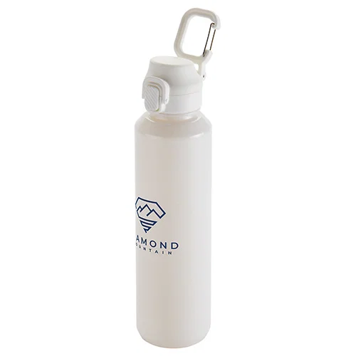 Close-up of Switchback bottle carabiner clip, custom branded promotional RPET water bottle detail