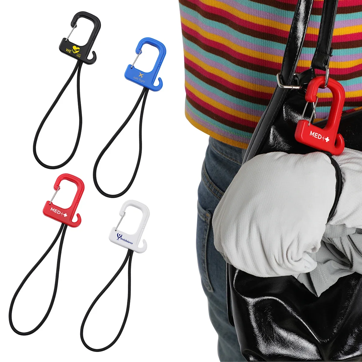 Custom Swivel Clip Folding Bag Hanger, front view of the branded bag hanger