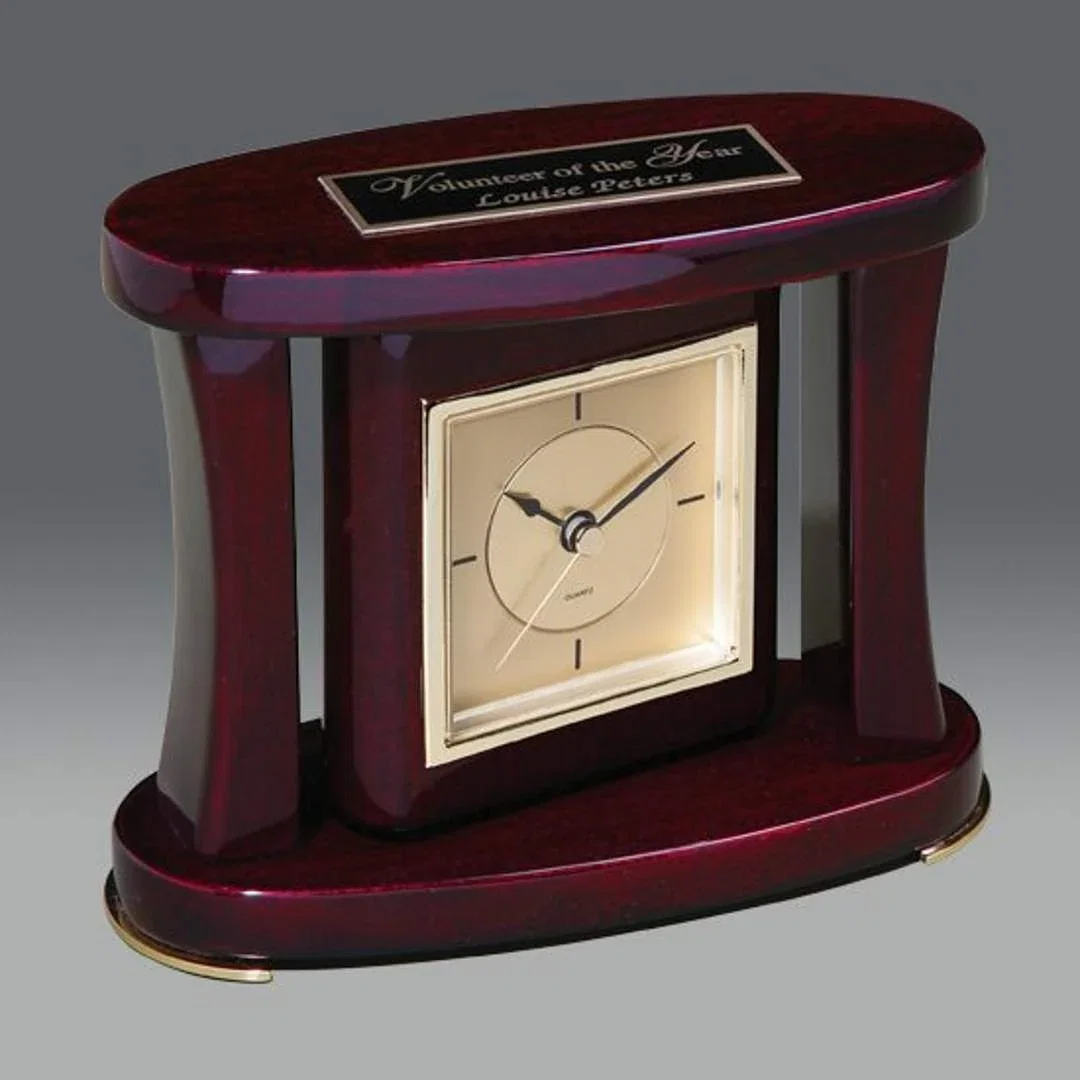 Custom Rosewood Swivel Desk Clock on Curved Pillars for employee recognition