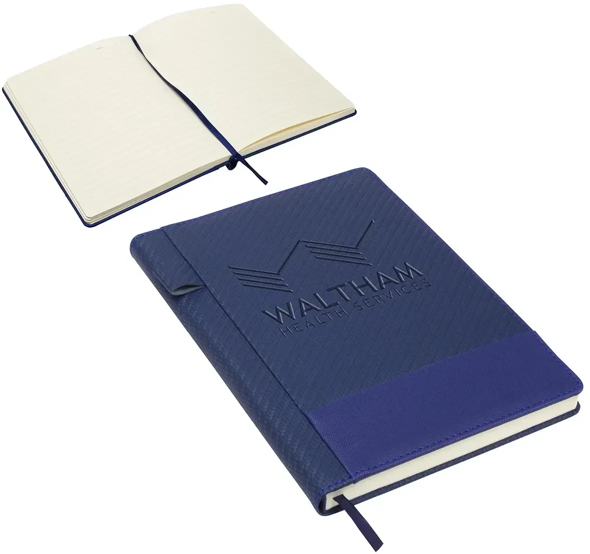 Custom branded dual-textured journal, angled view of the two cover textures