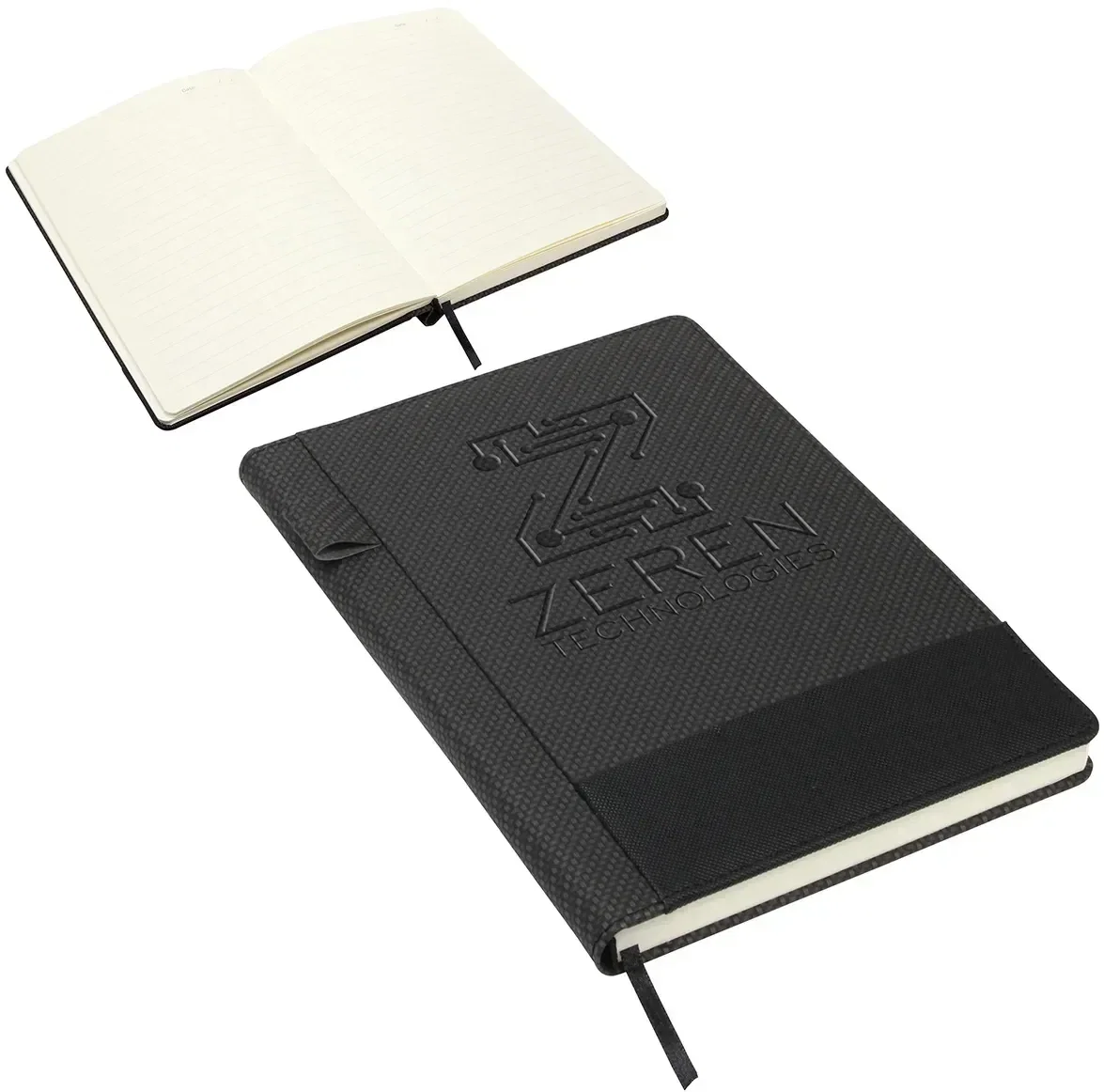 Close-up of logo imprint on promotional dual-textured journal