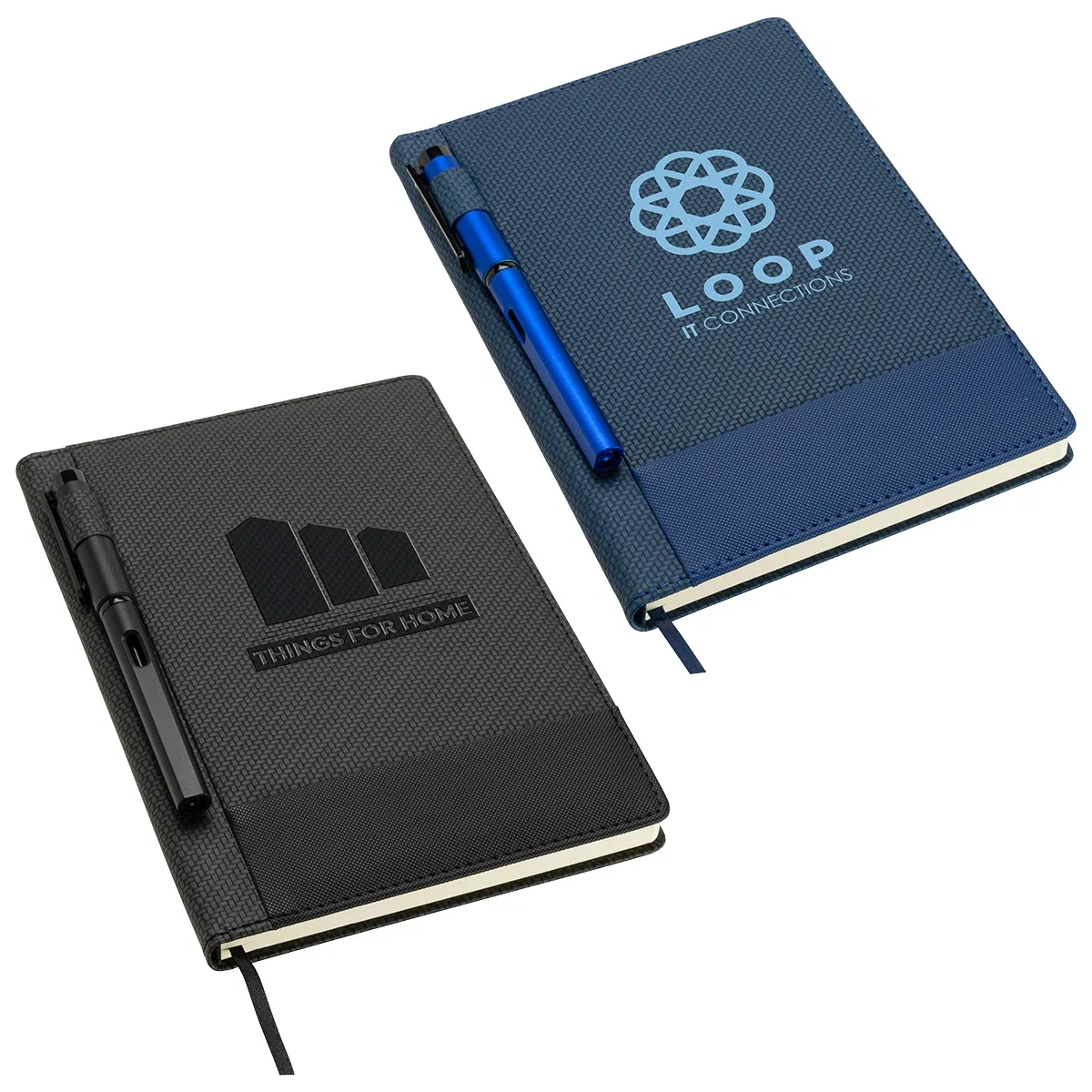 Custom Symposium Textured Journal, front view of the branded journal with pen