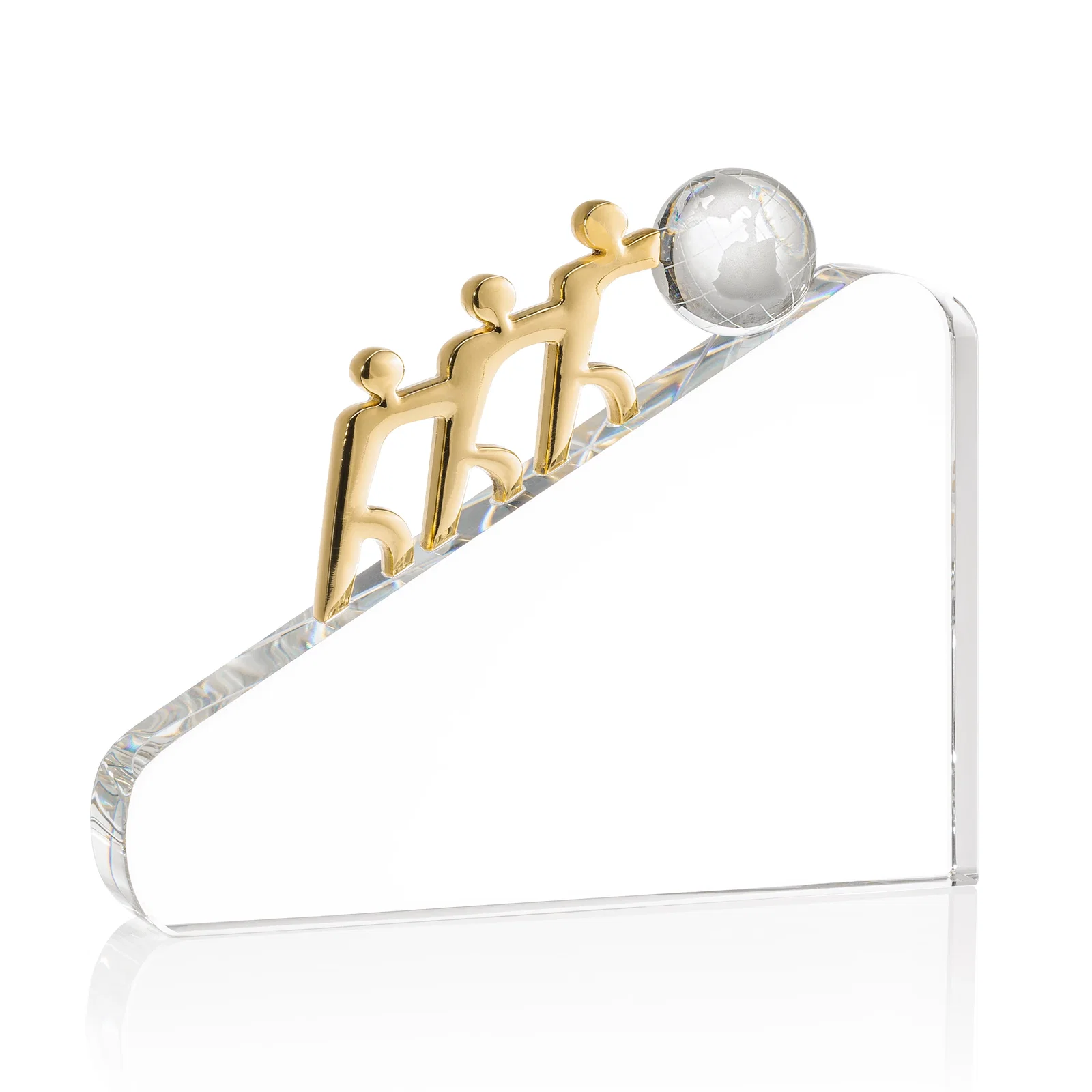 Custom Optical Crystal Award with Three Chrome Figures Pushing a Globe for safety achievement programs