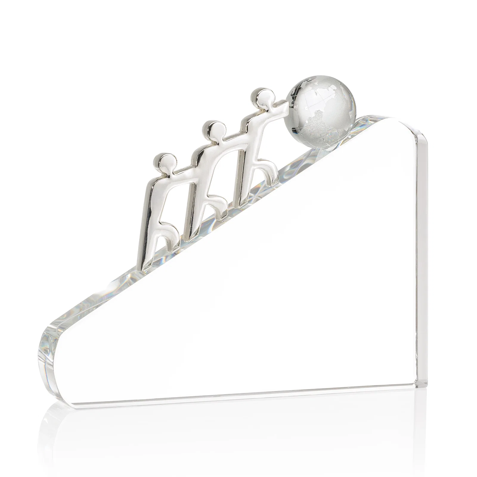 Custom Optical Crystal Award with Three Chrome Figures Pushing a Globe for volunteer appreciation