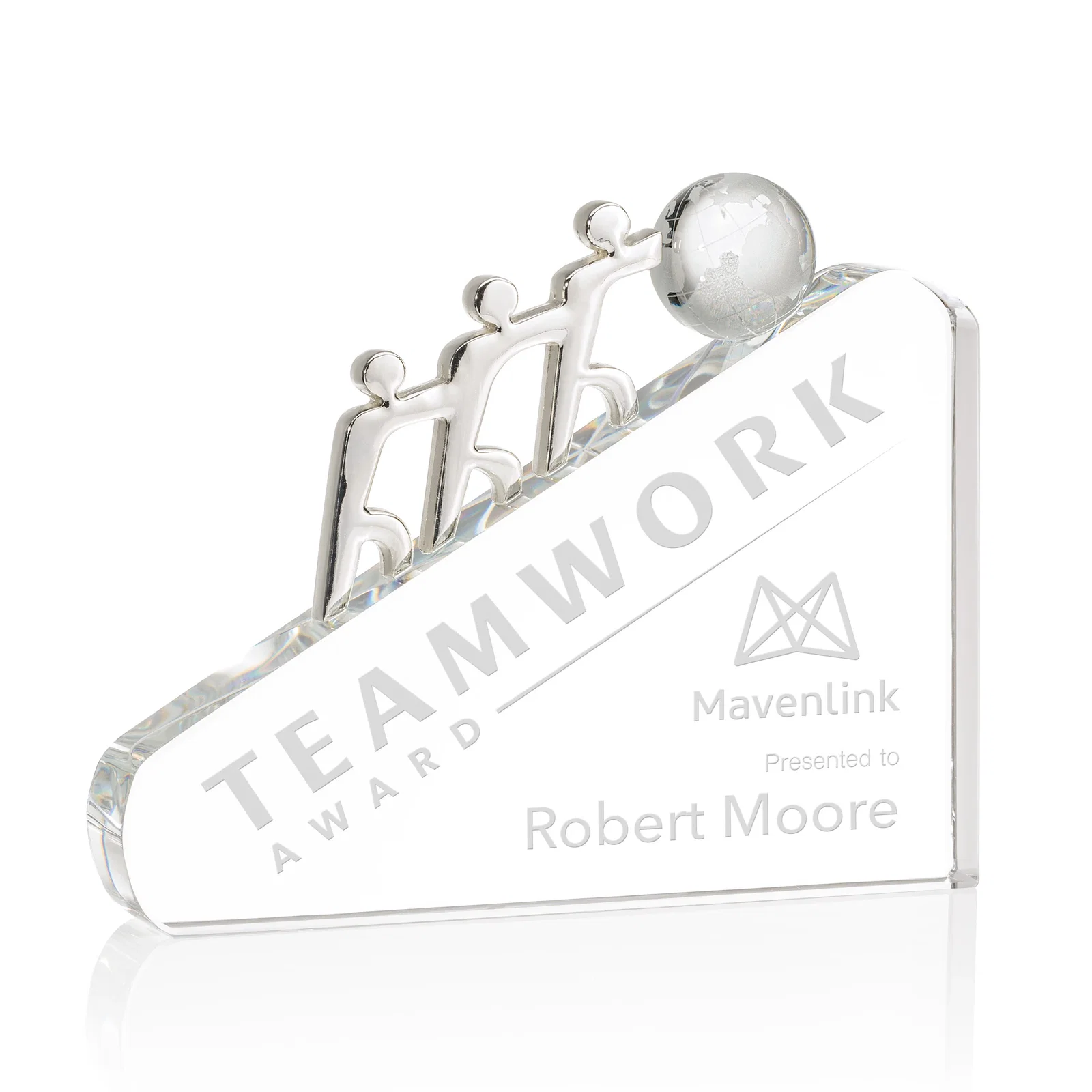 Custom Optical Crystal Award with Three Chrome Figures Pushing a Globe for service anniversary gifts