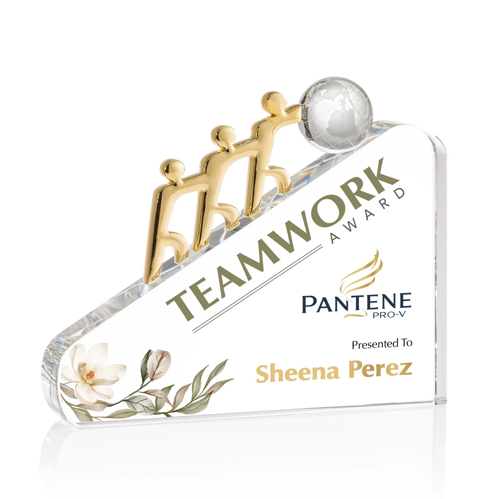 Custom Optical Crystal Award with Three Chrome Figures Pushing a Globe for team milestone celebrations
