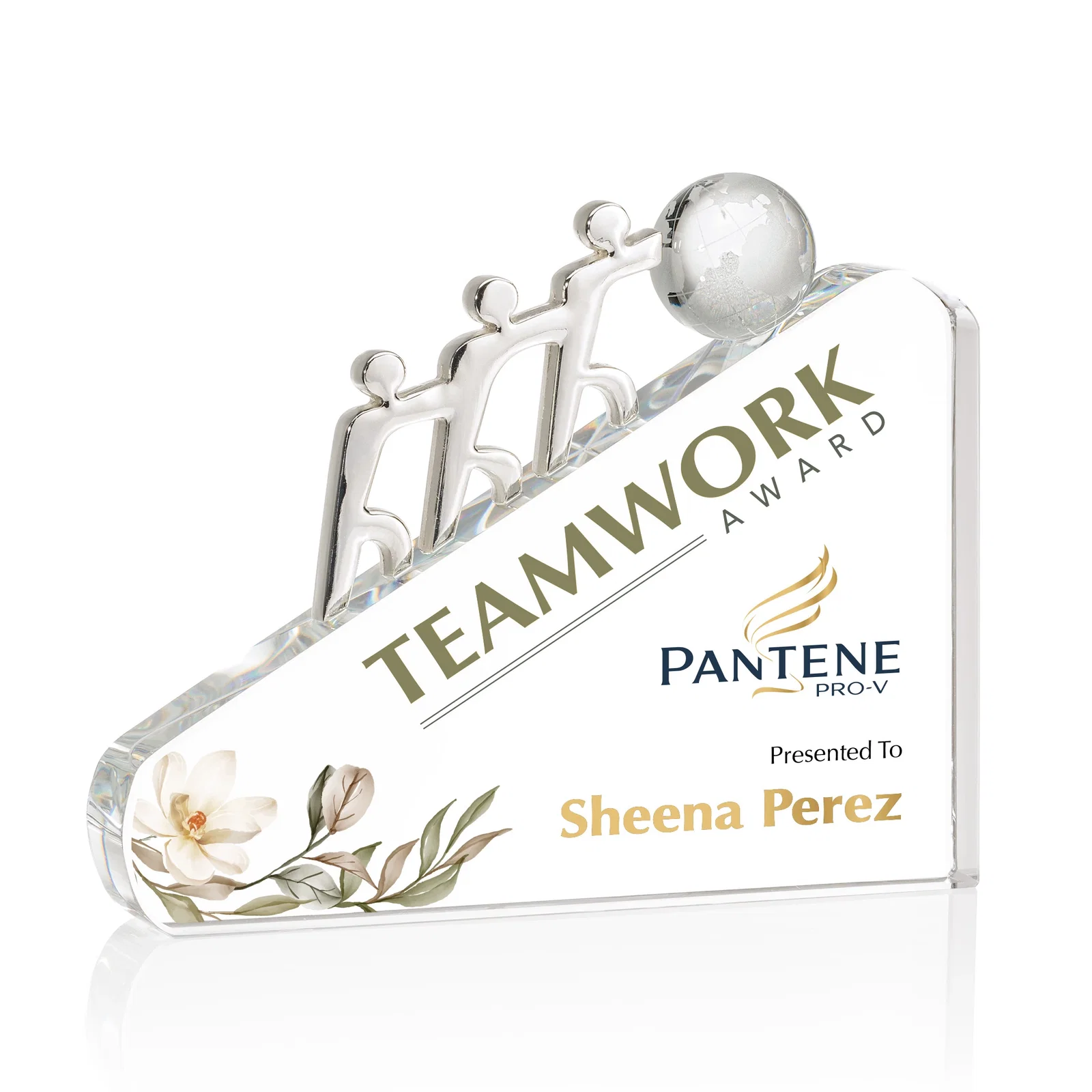 Custom Optical Crystal Award with Three Chrome Figures Pushing a Globe for donor appreciation