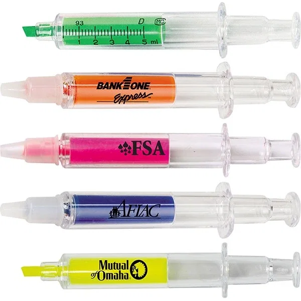 Syringe-Shaped Highlighter in clear plastic with colored ink and printed scale, hero view