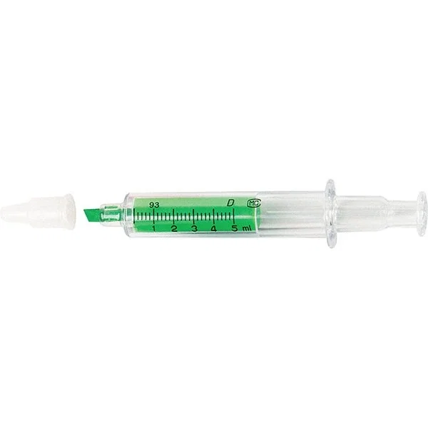Syringe-Shaped Highlighter custom logo imprint along barrel, close-up detail
