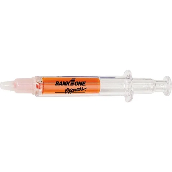 Syringe-Shaped Highlighter color options laid out, novelty medical promo pen