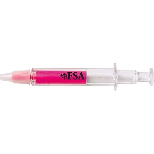 Syringe-Shaped Highlighter shown without measurement scale, plain barrel version