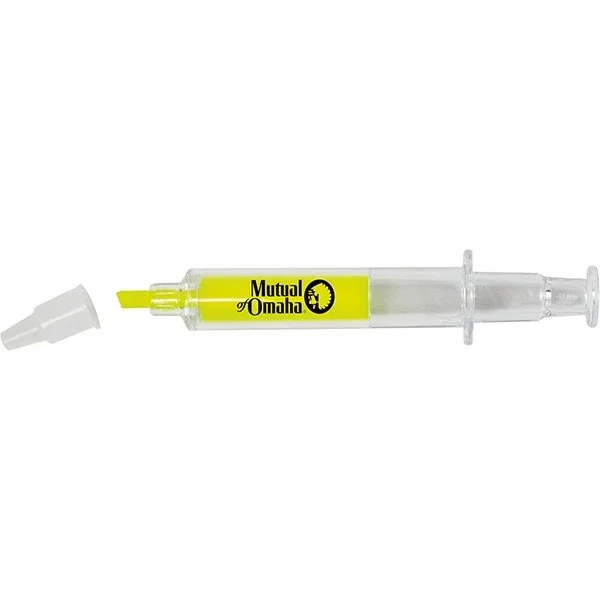 Syringe-Shaped Highlighter in use highlighting text, clear syringe-style marker