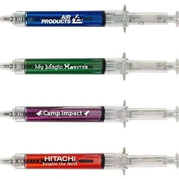 Syringe-Shaped Pen with clear barrel and colored liquid, black-ink medium-point novelty pen