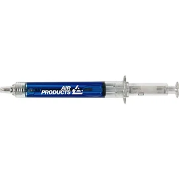 Syringe-Shaped Pen angled view showing clear barrel filled with colored liquid