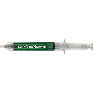 Syringe-Shaped Pen close-up of plunger tip and medium-point black-ink nib