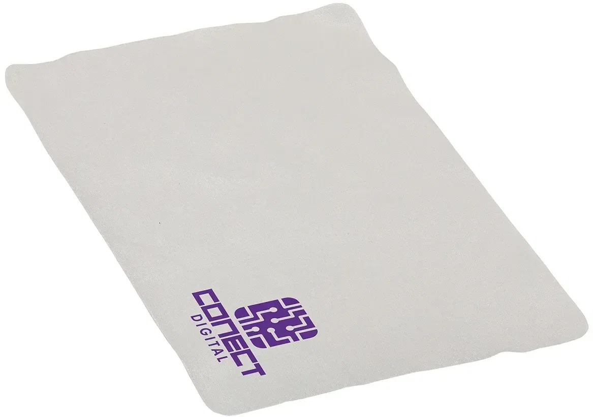 Custom Tablet microfiber cloth wiping a tablet screen, branded promotional cleaning cloth angled view