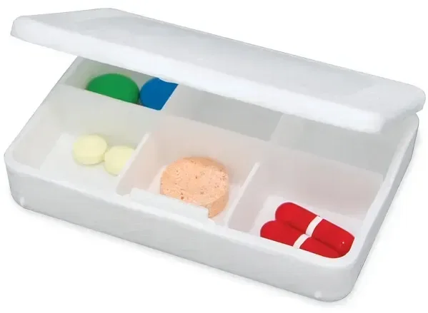 Tablet Tote Pill Box. Six-compartment polypropylene pill box organizer for travel and tackle storage
