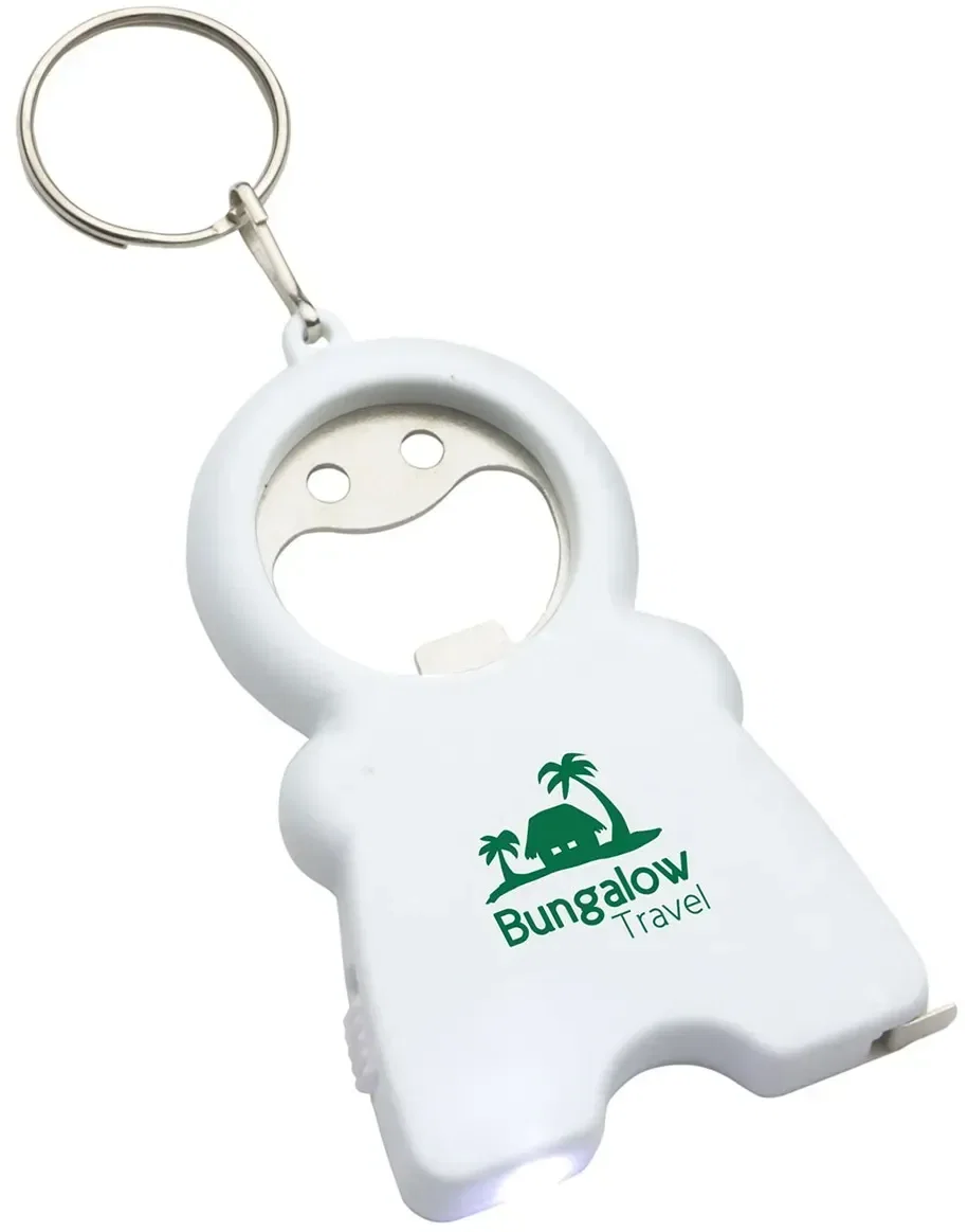 Custom Tag Along keychain showing LED light and bottle opener detail