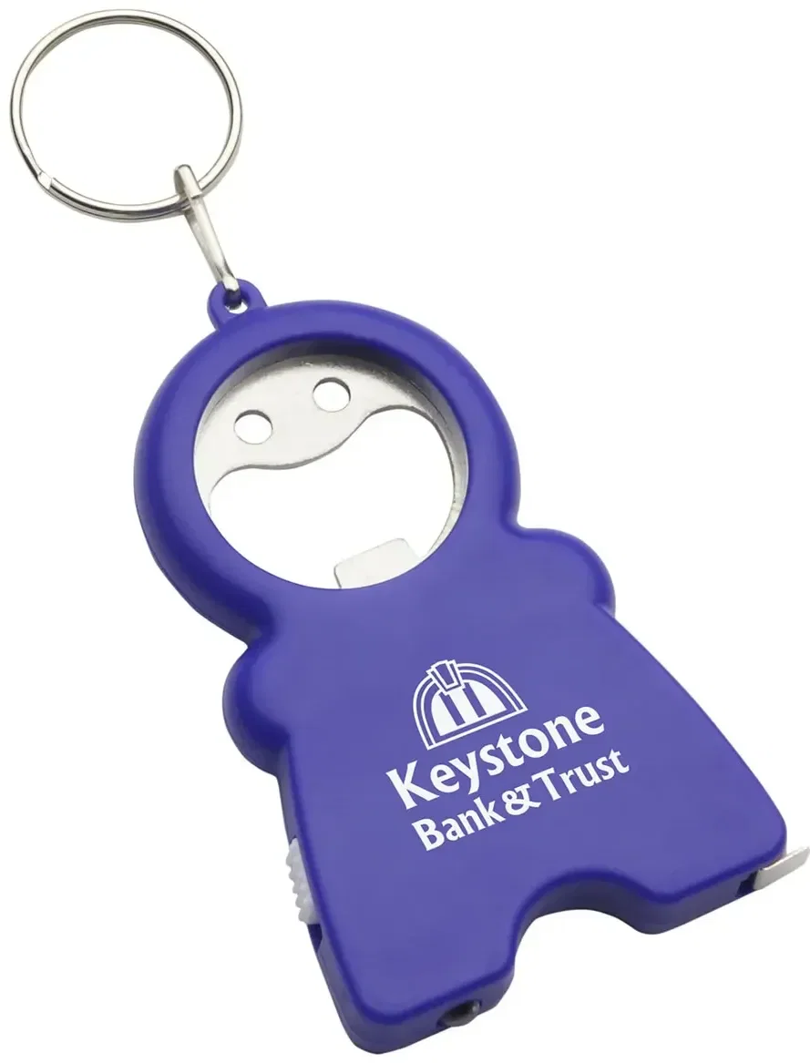 Promotional Tag Along multi-tool keychain clipped onto keys, branded logo