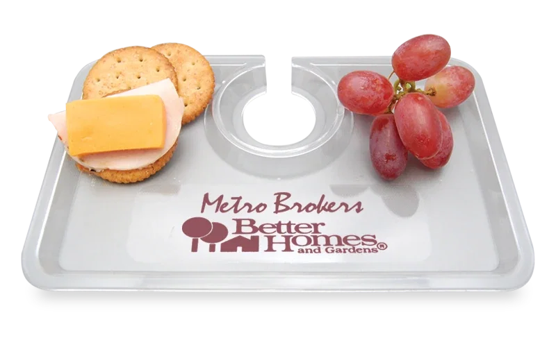 Take-Two Hold-It-All Snack & Wine Tray. Clear styrene wine and snack tray for wedding receptions and parties