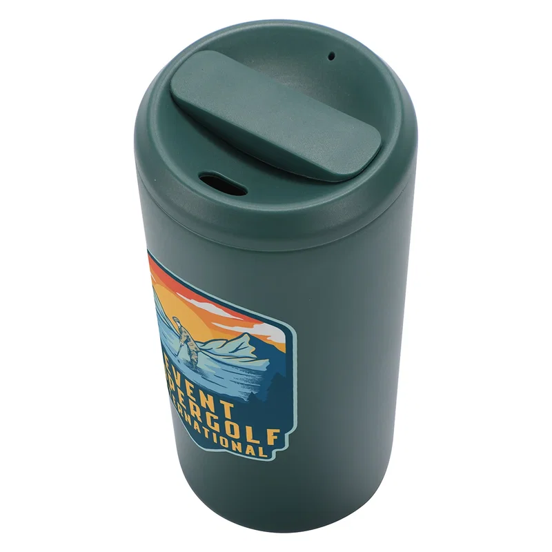 Angled view of the custom Talia 16 oz insulated tumbler