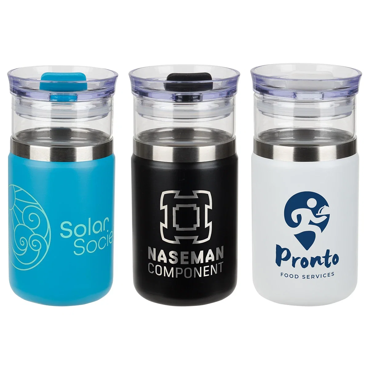 Custom Tamari 12 oz Glass Tumbler and Vacuum Insulated Cooler, front view of the branded tumbler