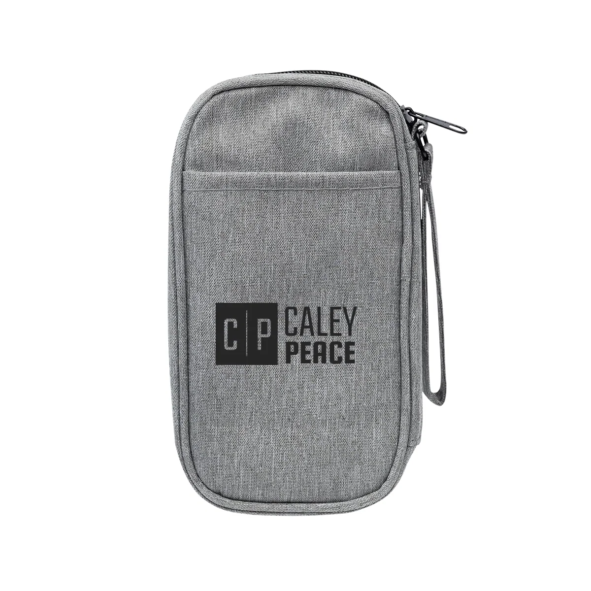 Tech travel organizer zipped shut with a heathered exterior