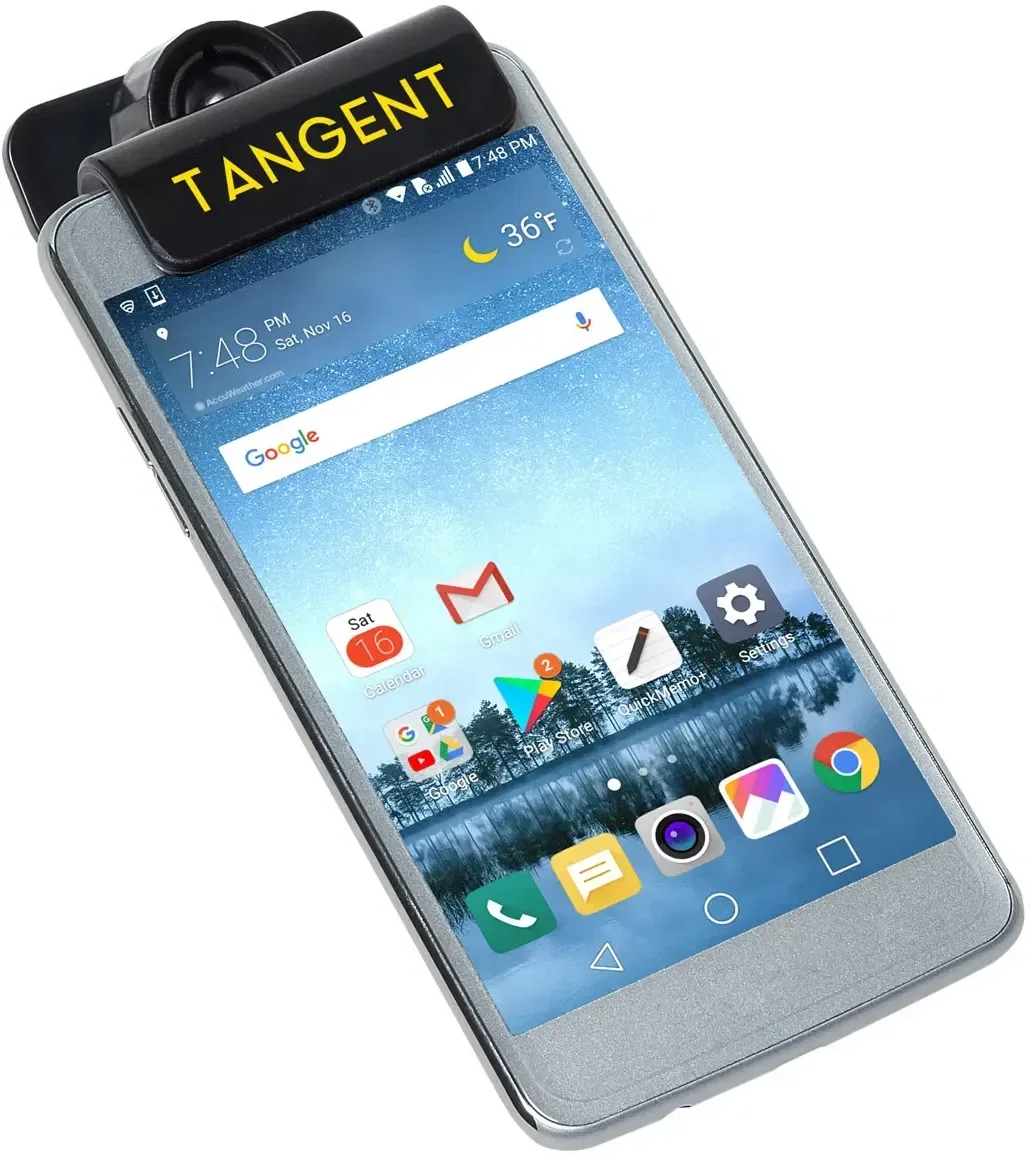 Promotional branded Tangent swivel stand mounted on a phone back, side view