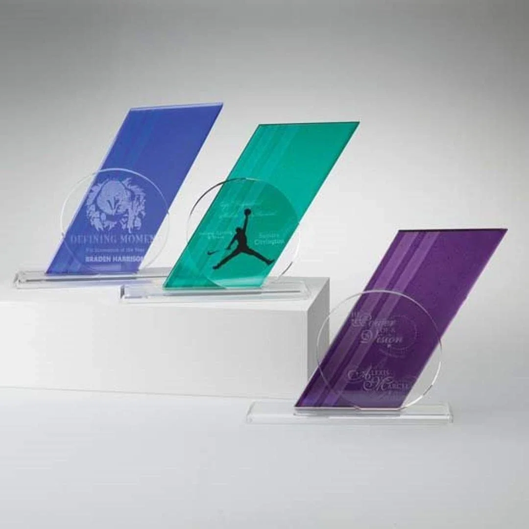 Custom Half-Inch Fused Irid Art Glass and Starfire Crystal Geometric Award for employee recognition
