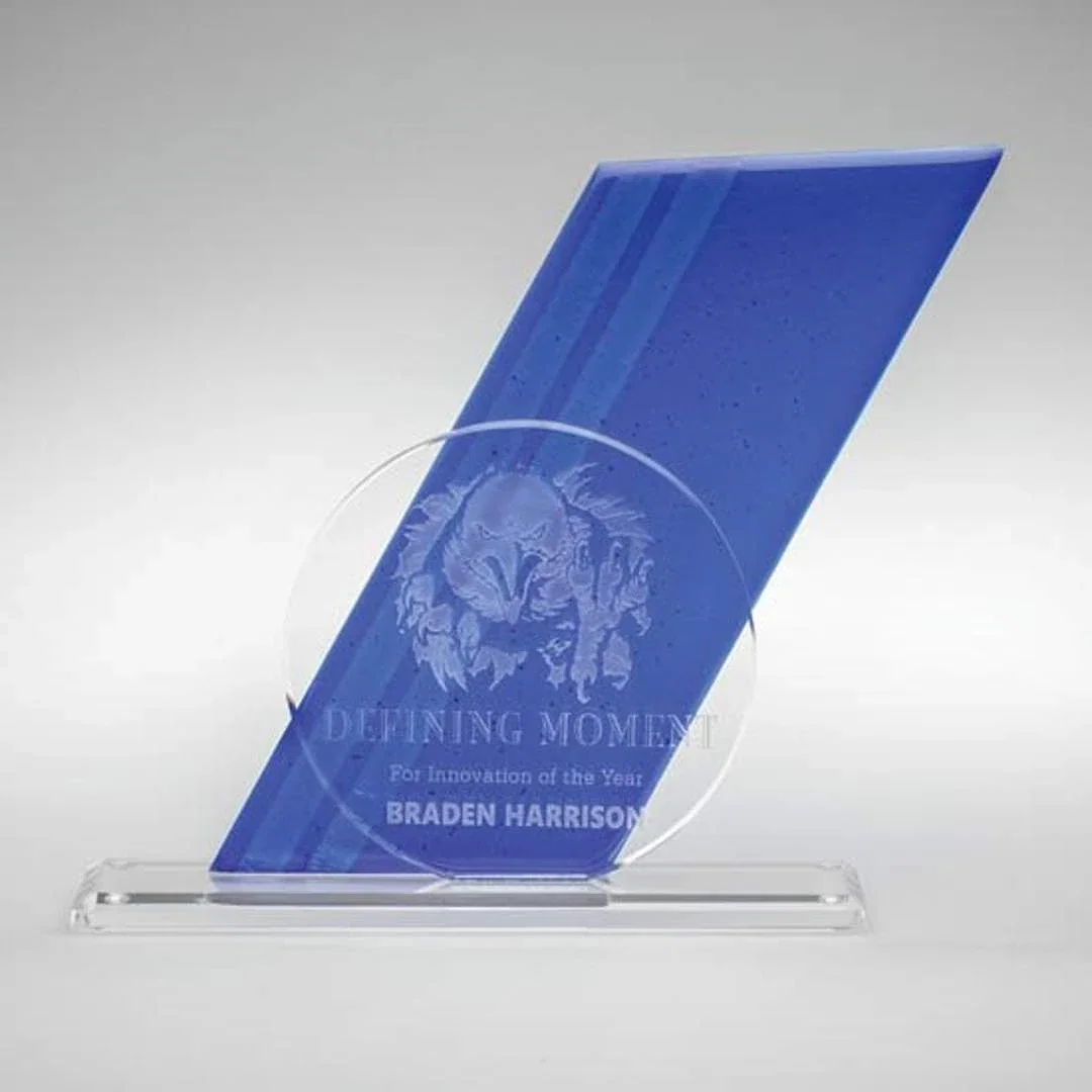 Custom Half-Inch Fused Irid Art Glass and Starfire Crystal Geometric Award for corporate award ceremonies