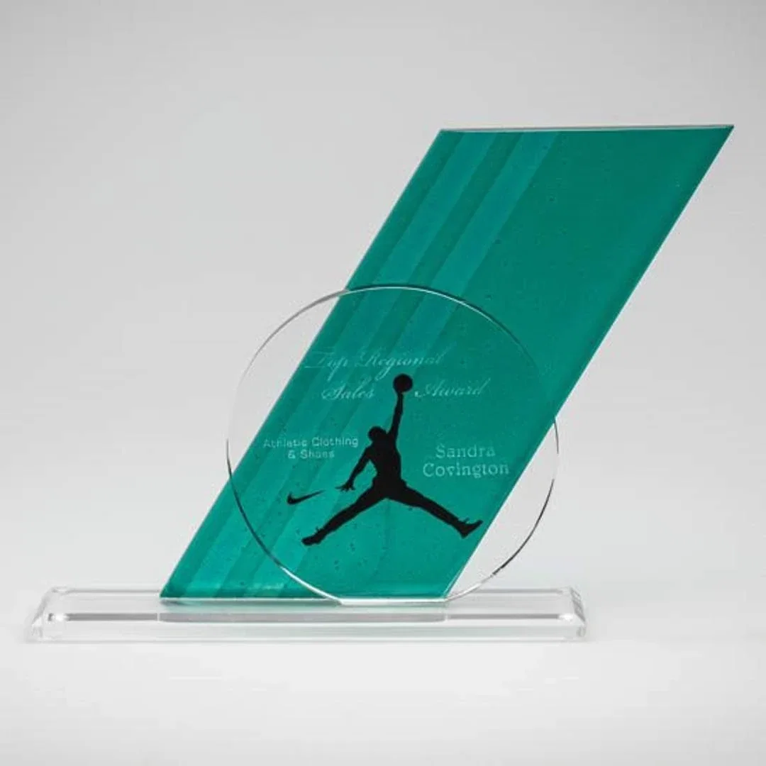 Custom Half-Inch Fused Irid Art Glass and Starfire Crystal Geometric Award for service anniversary gifts