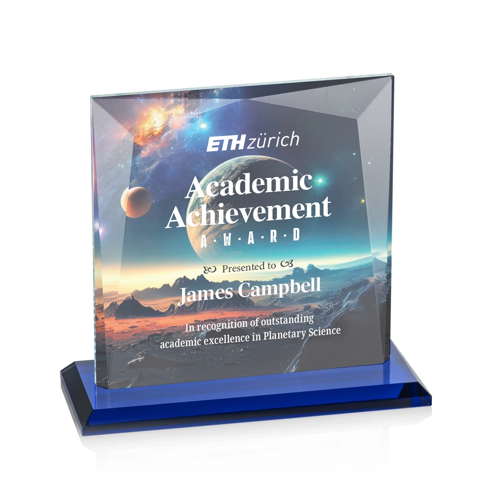 Custom printed Starfire Crystal Square Award with All-Around Beveled Frame, awards for corporate award ceremonies