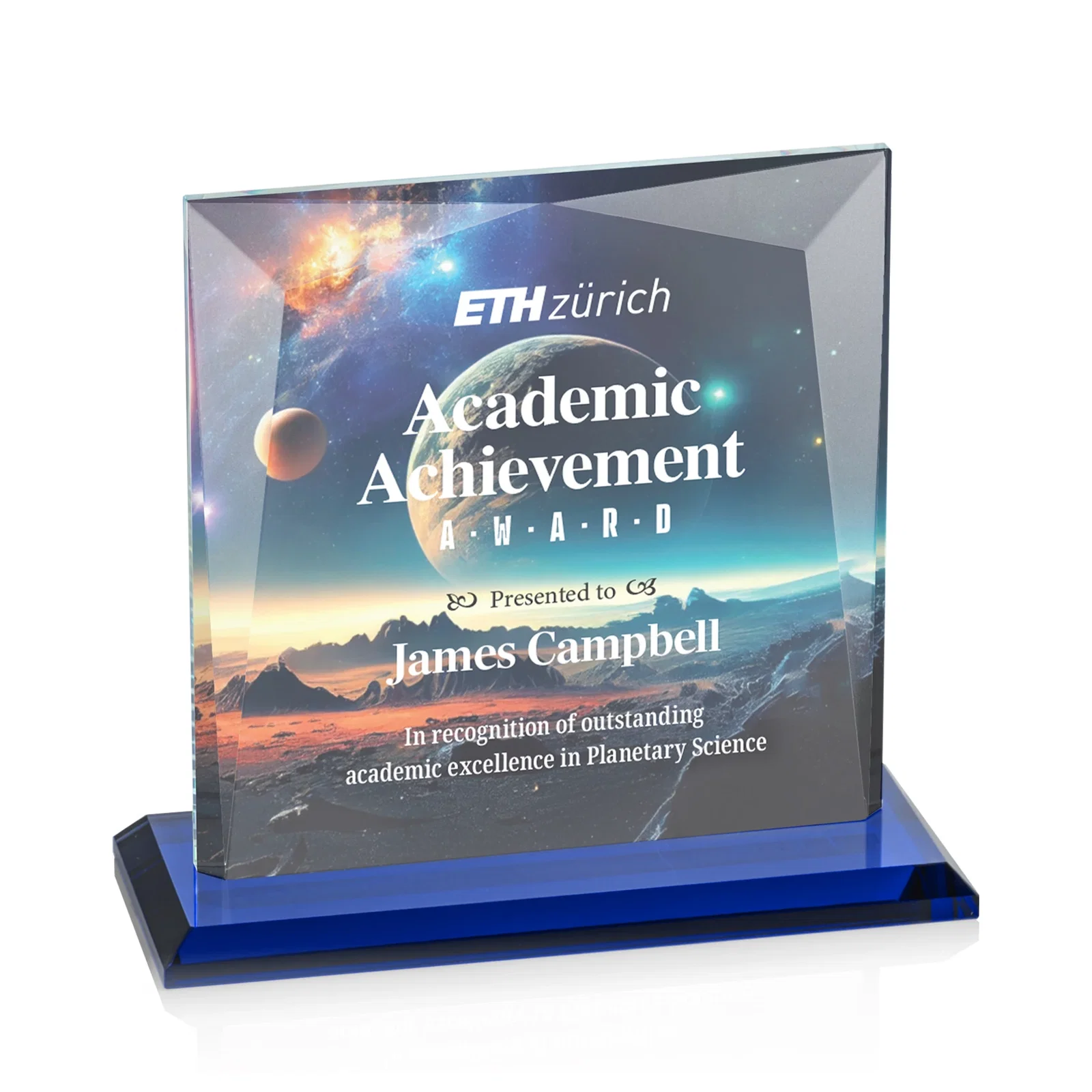 Custom printed Starfire Crystal Square Award with All-Around Beveled Frame, awards for service anniversary gifts
