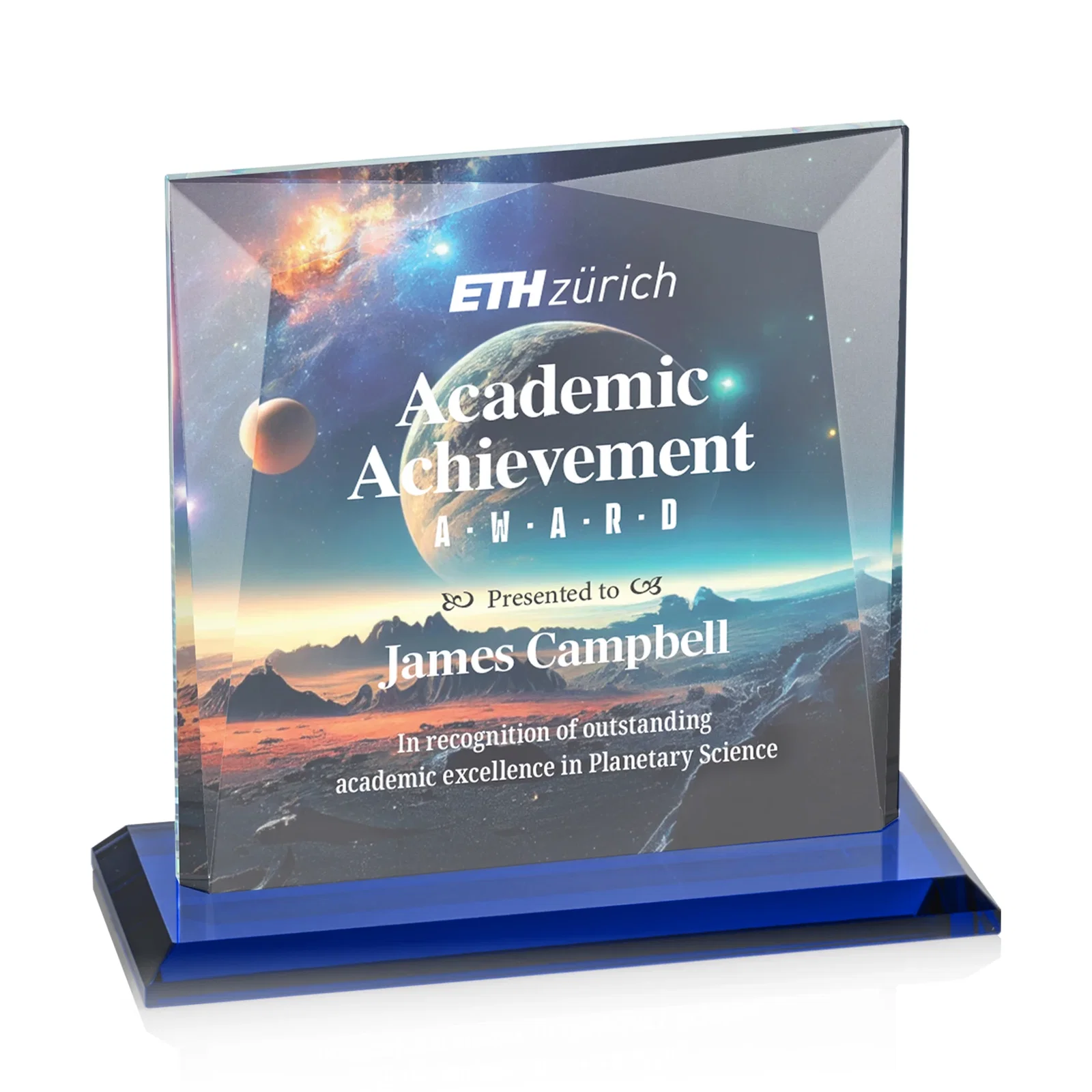 Custom printed Starfire Crystal Square Award with All-Around Beveled Frame, awards for sales achievement awards