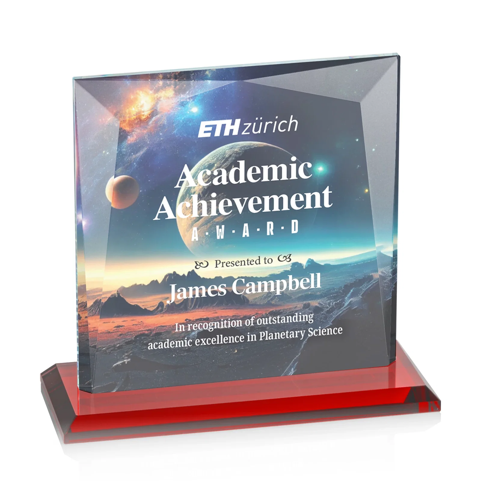 Custom printed Starfire Crystal Square Award with All-Around Beveled Frame, awards for graduation ceremonies