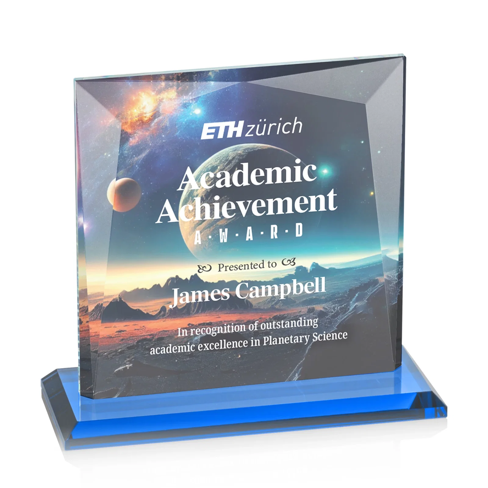 Custom printed Starfire Crystal Square Award with All-Around Beveled Frame, awards for company anniversary events