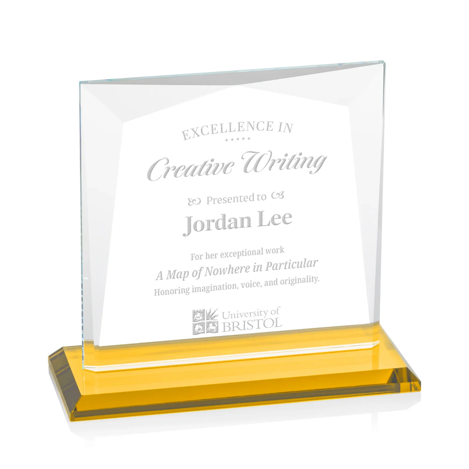 Custom Starfire Crystal Square Award with All-Around Beveled Frame, awards for donor appreciation