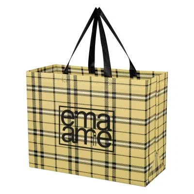 Plaid laminated shopper bag with tan and black checks