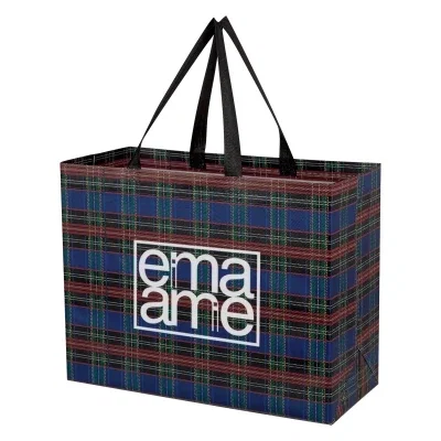 Handles rising above the sixteen inch wide shopping bag