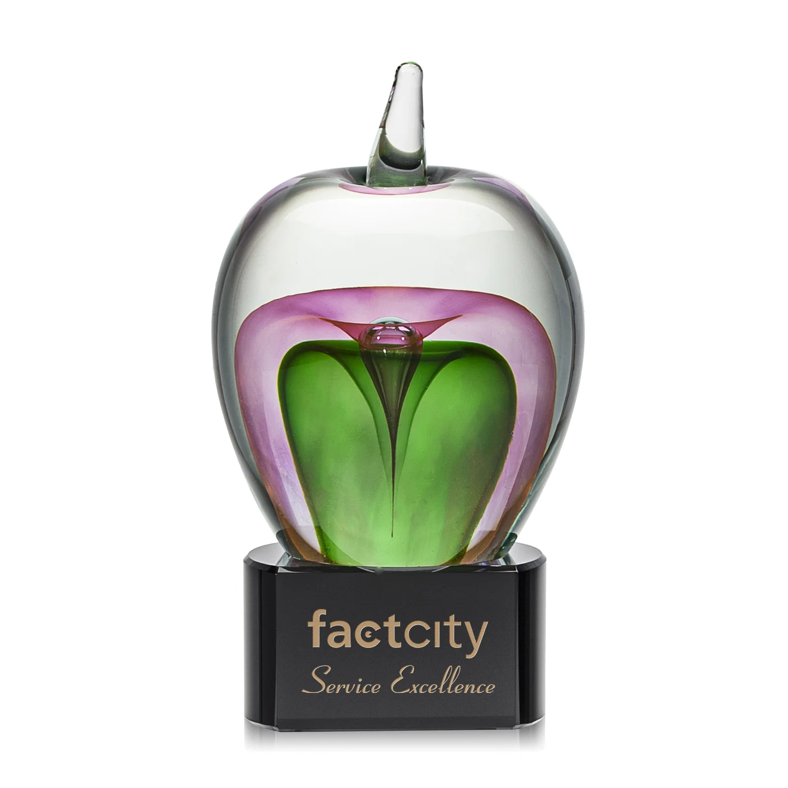 Custom Hand-Blown Glass Apple Award With Colorfill on Green or Black Base for corporate award ceremonies