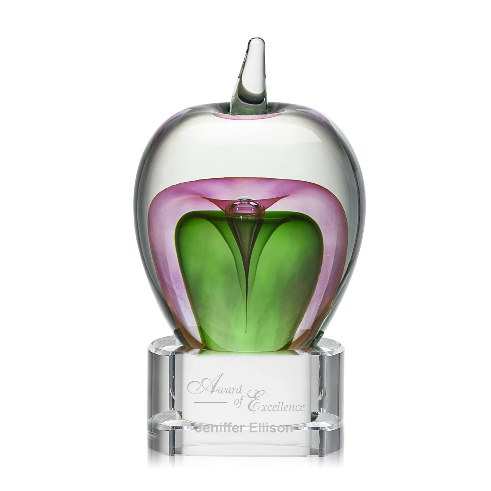 Custom Hand-Blown Glass Apple Award With Colorfill on Green or Black Base for service anniversary gifts
