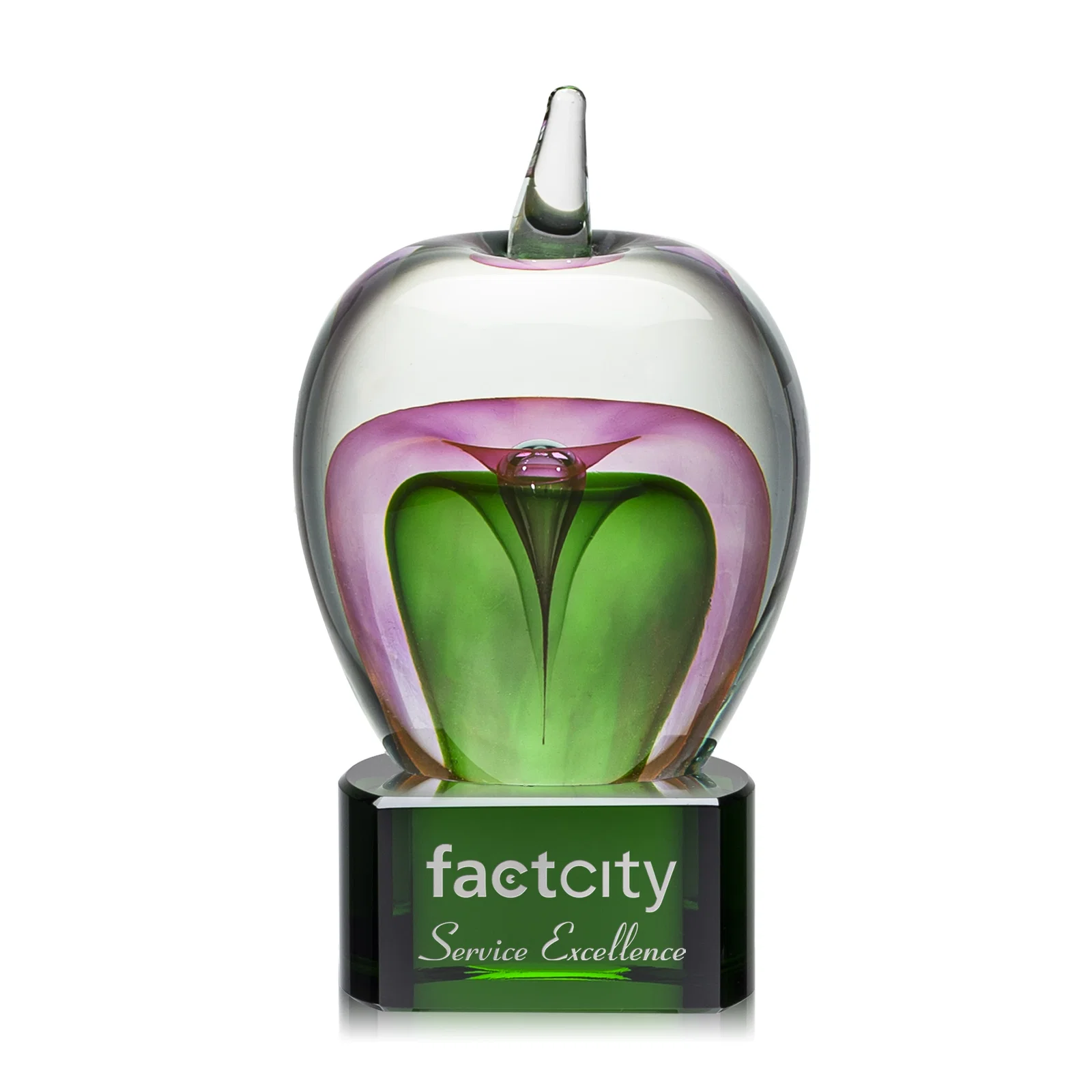 Custom Hand-Blown Glass Apple Award With Colorfill on Green or Black Base for sales achievement awards