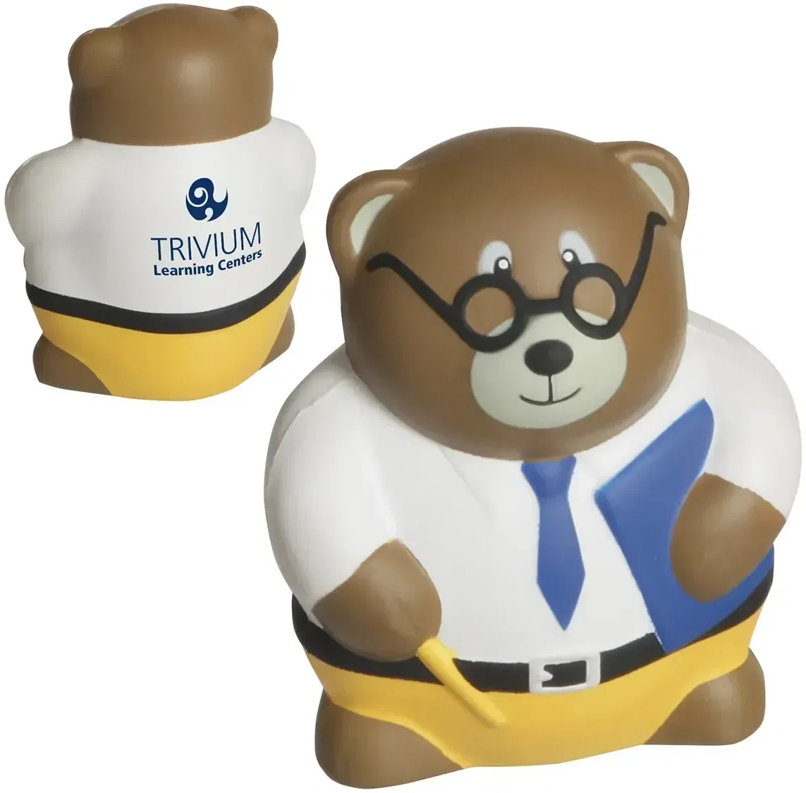 Teacher bear stress reliever with custom logo, branded bear-shaped promotional squeeze toy for schools