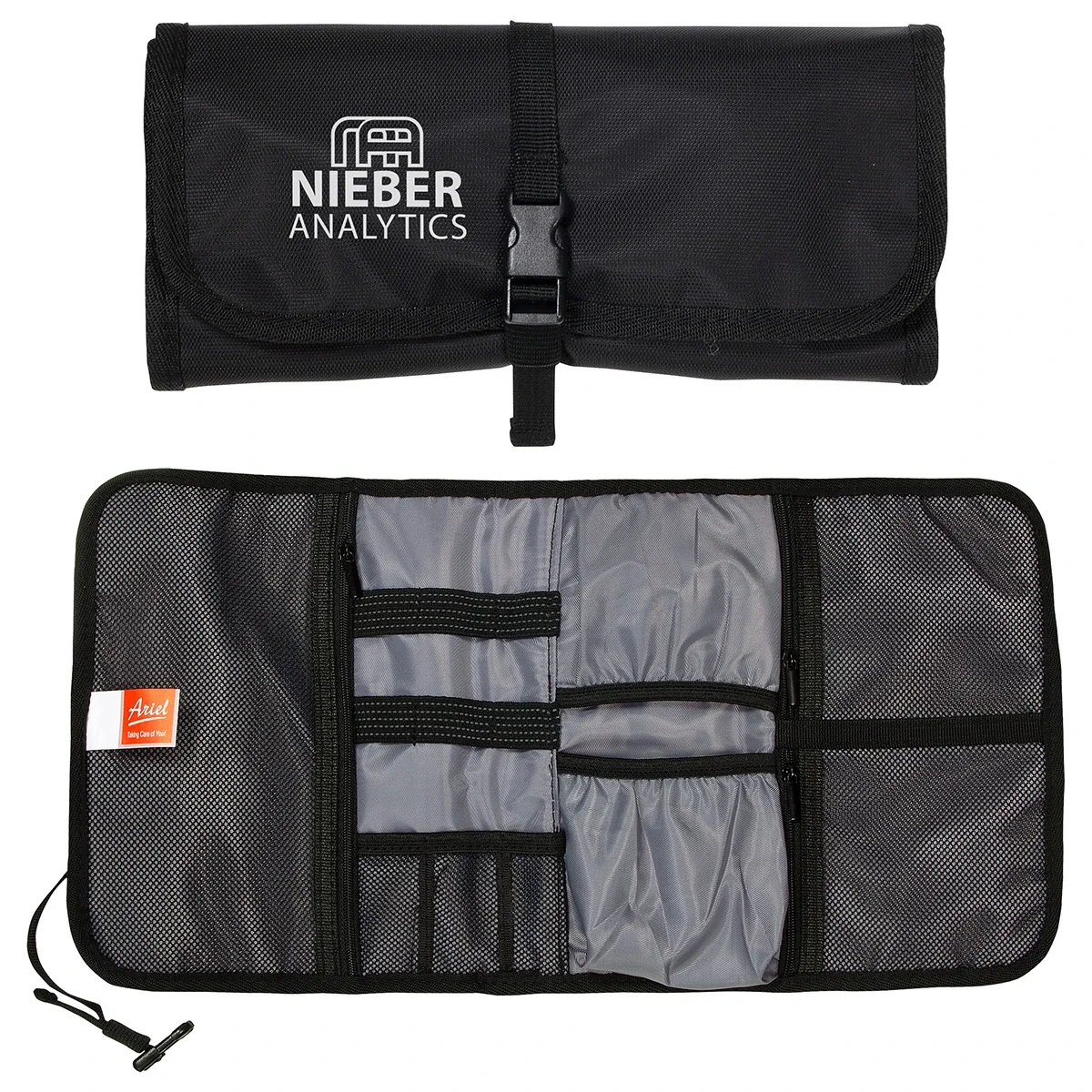 TEC roll-up nylon organizer with mesh pockets and adjustable buckle strap