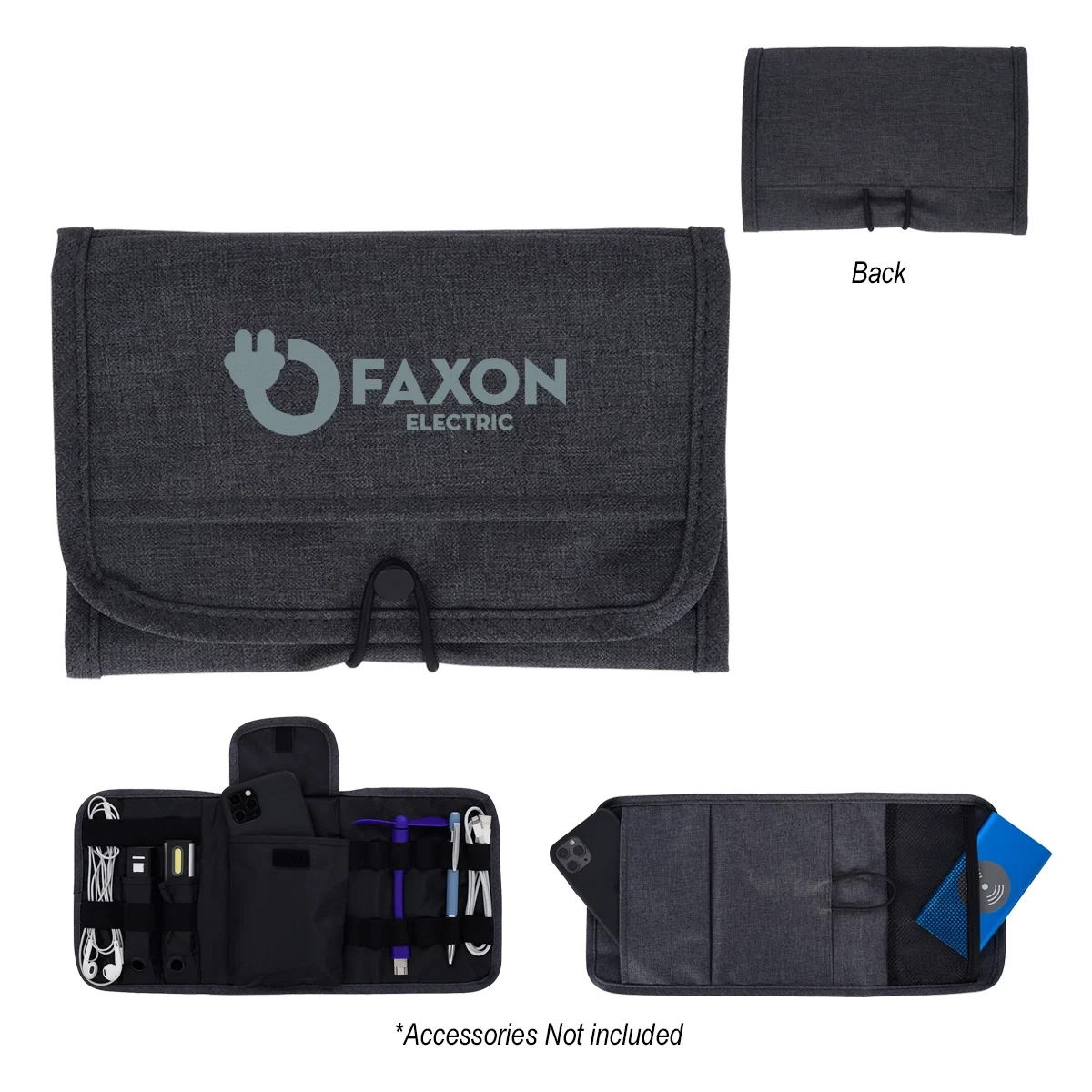 Gray tech travel bag shown zipped and standing upright