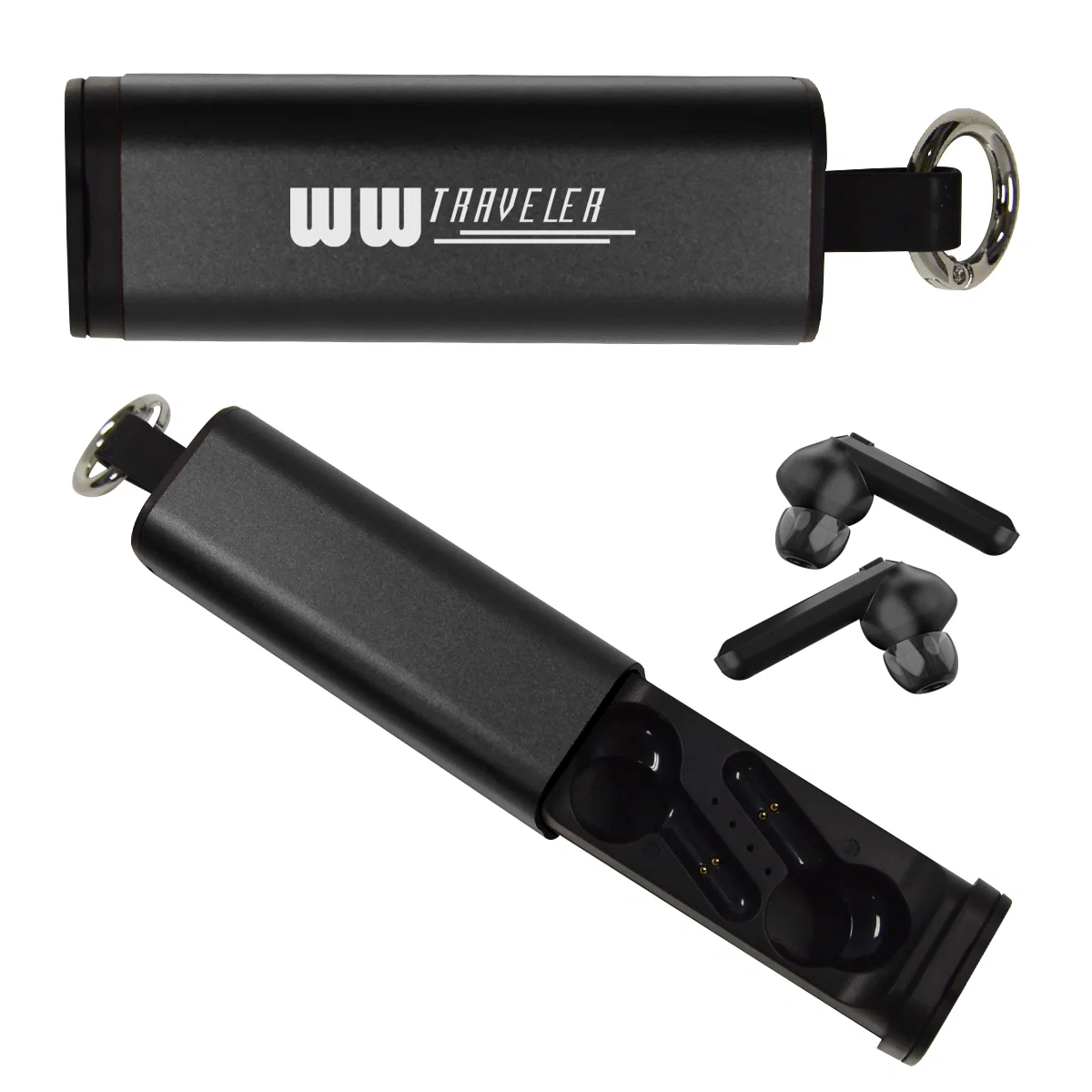 Wireless earbuds in a charging case that doubles as a phone stand
