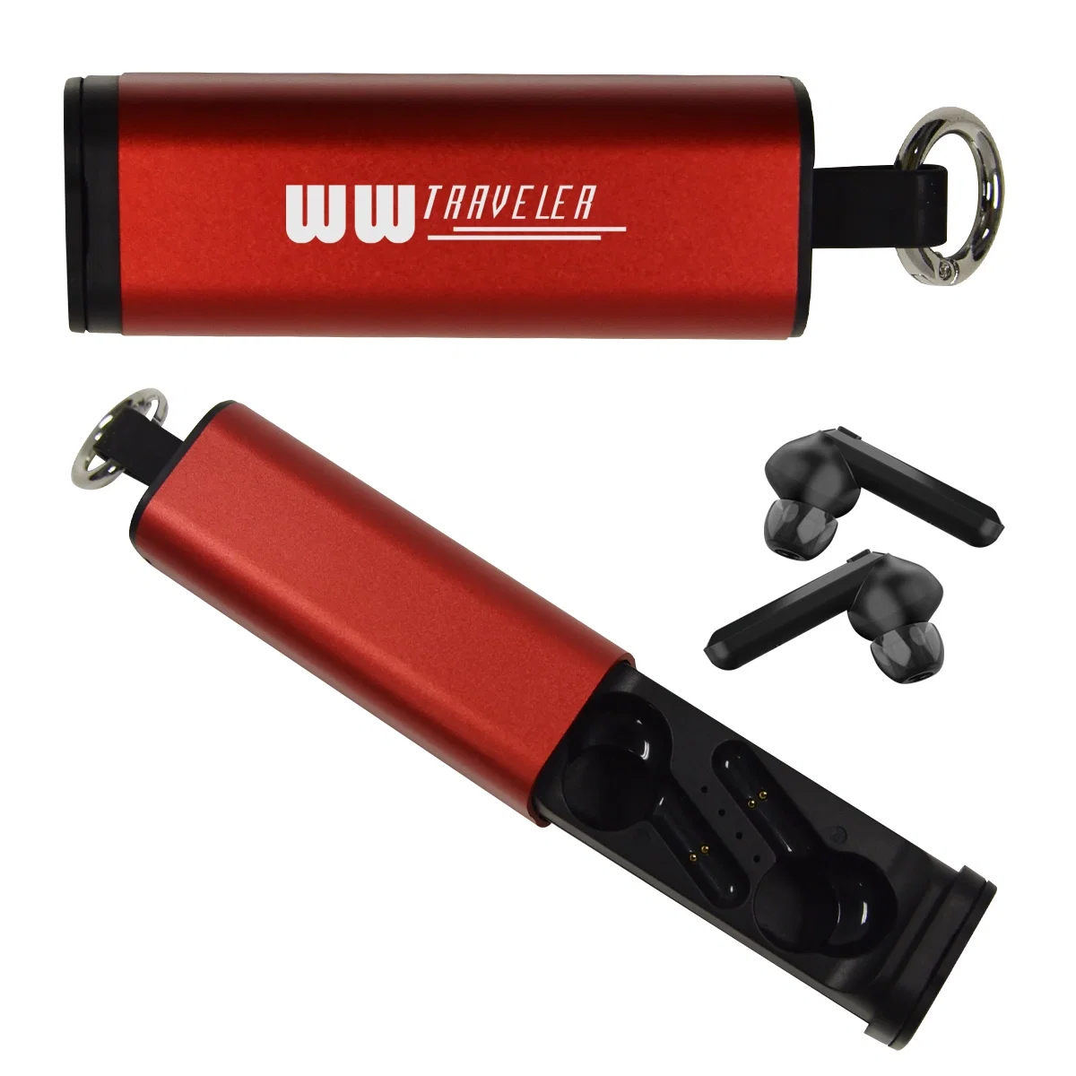 Case opened to show both earbuds seated inside
