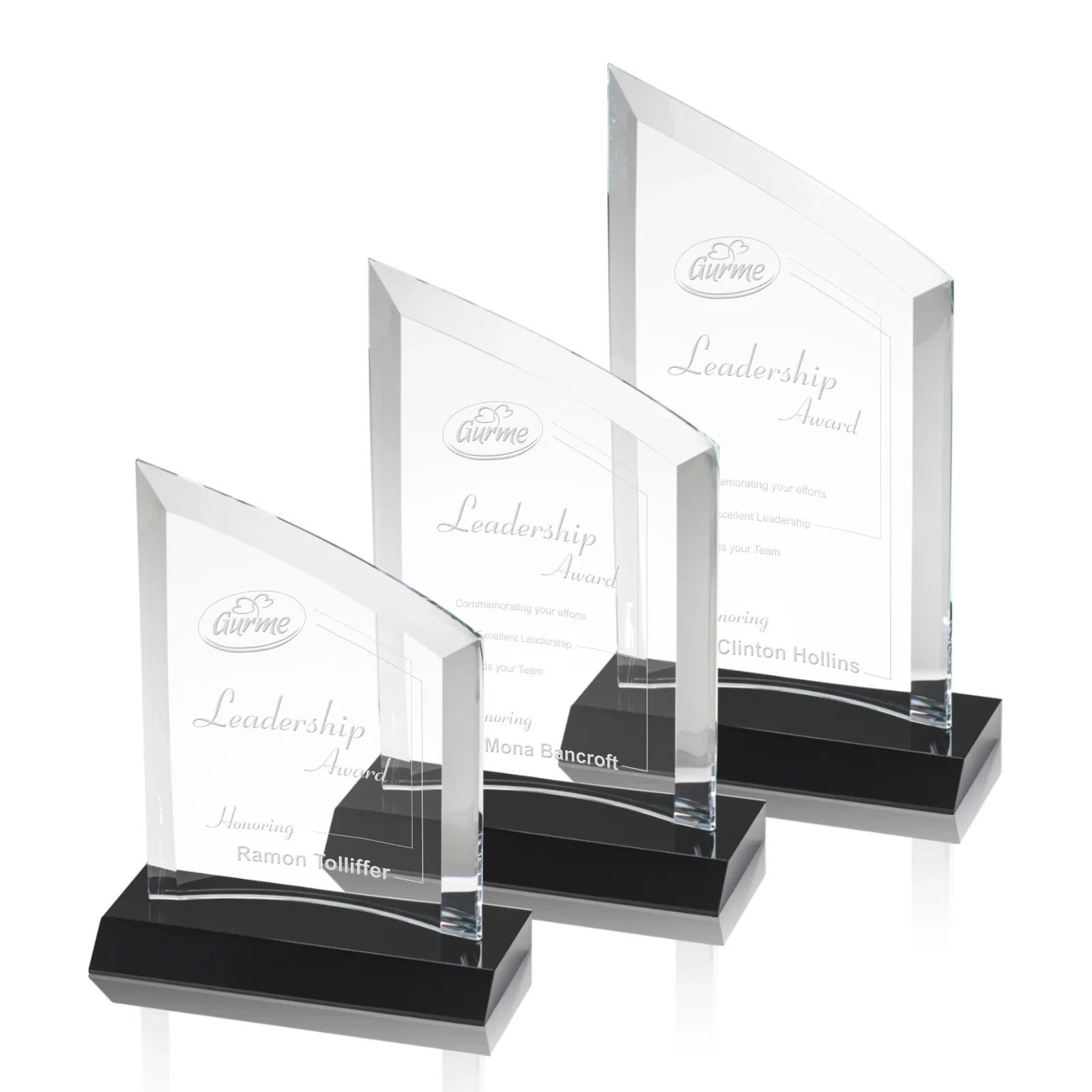 Custom Slim Starfire Crystal Award with Angled Top on Black Base, awards for employee recognition