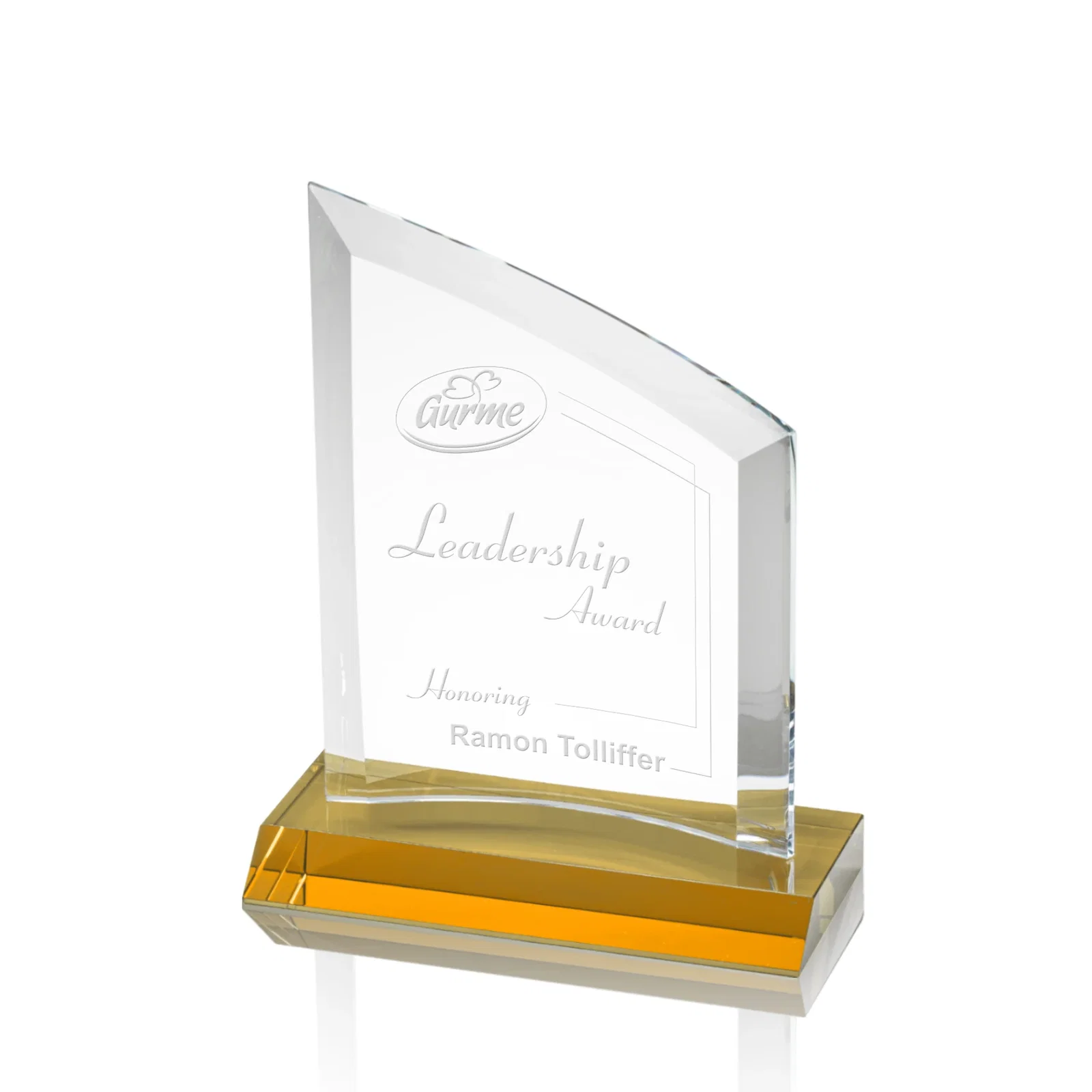 Custom Slim Starfire Crystal Award with Angled Top on Black Base, awards for volunteer appreciation