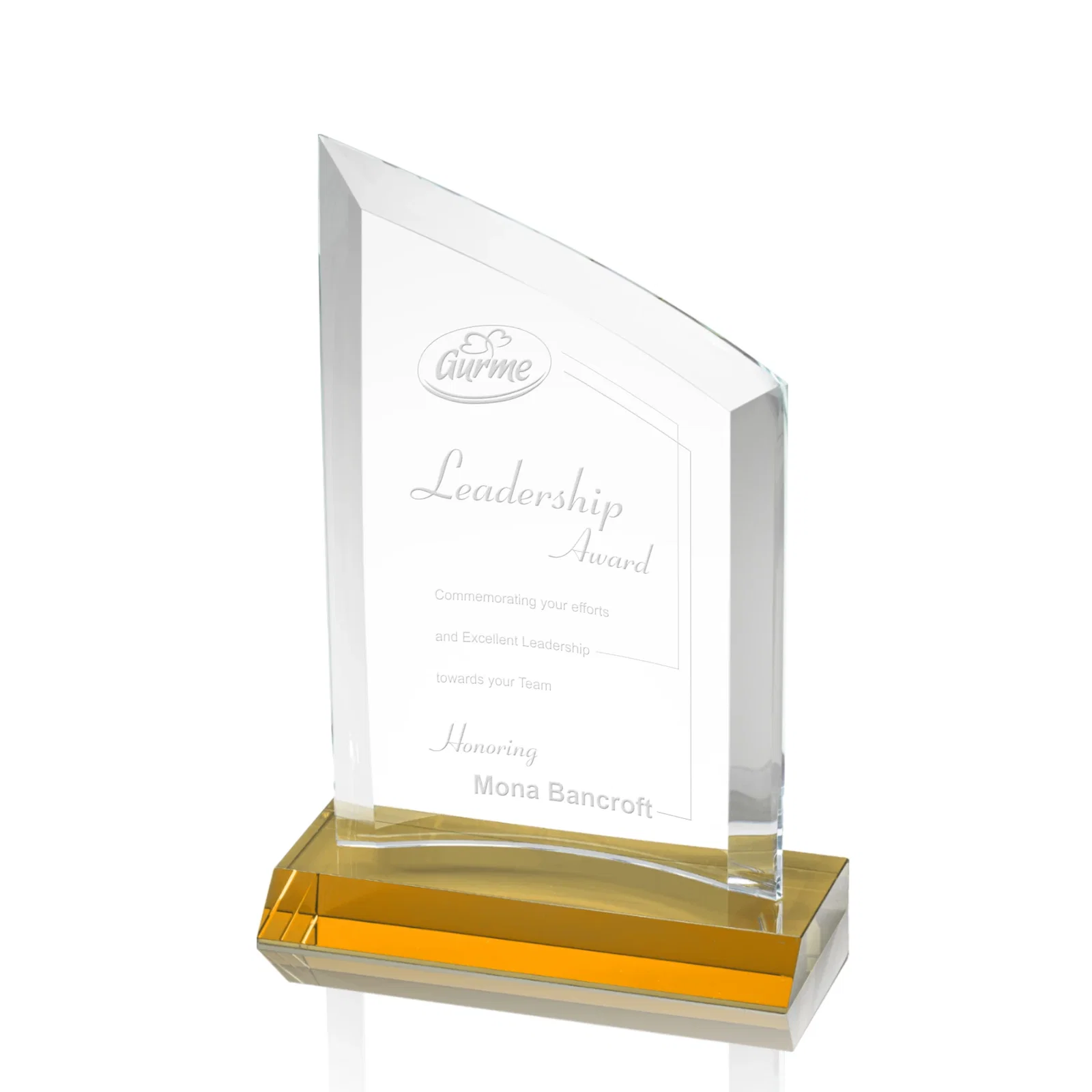 Custom Slim Starfire Crystal Award with Angled Top on Black Base, awards for dealer and partner awards